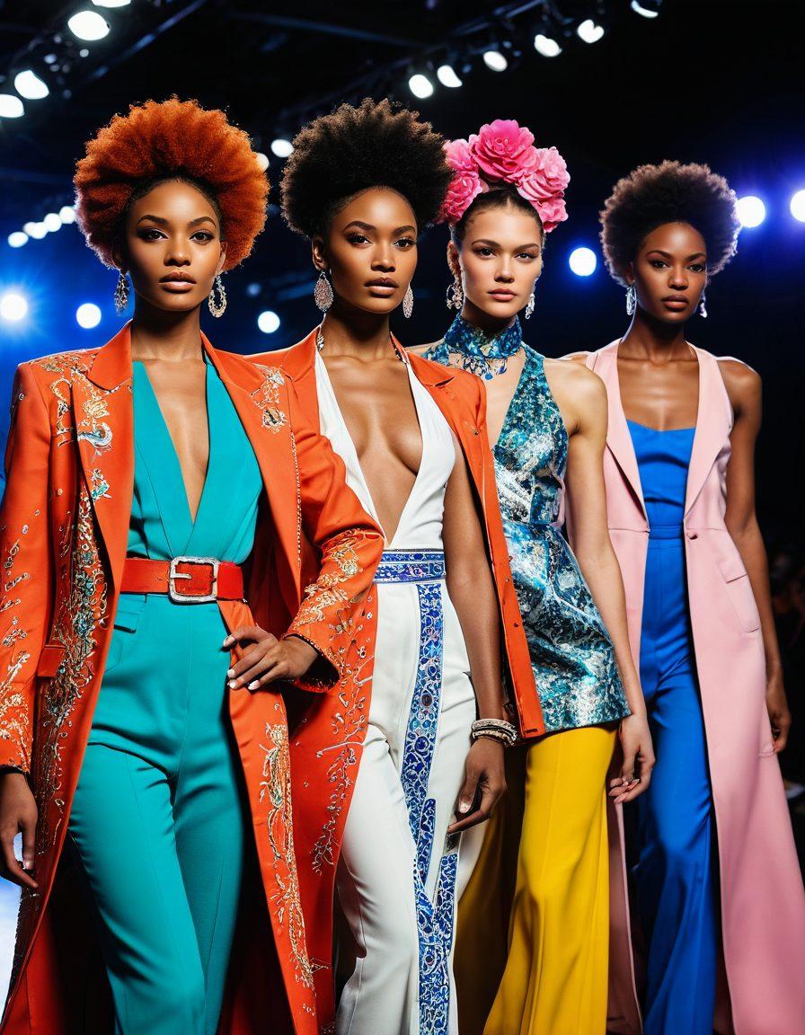 A vibrant fashion runway scene showcasing diverse aspiring models of different ethnicities confidently strutting in stylish outfits. The backdrop features colorful lighting and an enthusiastic audience capturing the moment with smartphones. Incorporate elements like stylish accessories, makeup artistry, and elegant poses that signify evolution and aspiration in fashion. super-realistic. vibrant colors. dynamic atmosphere.