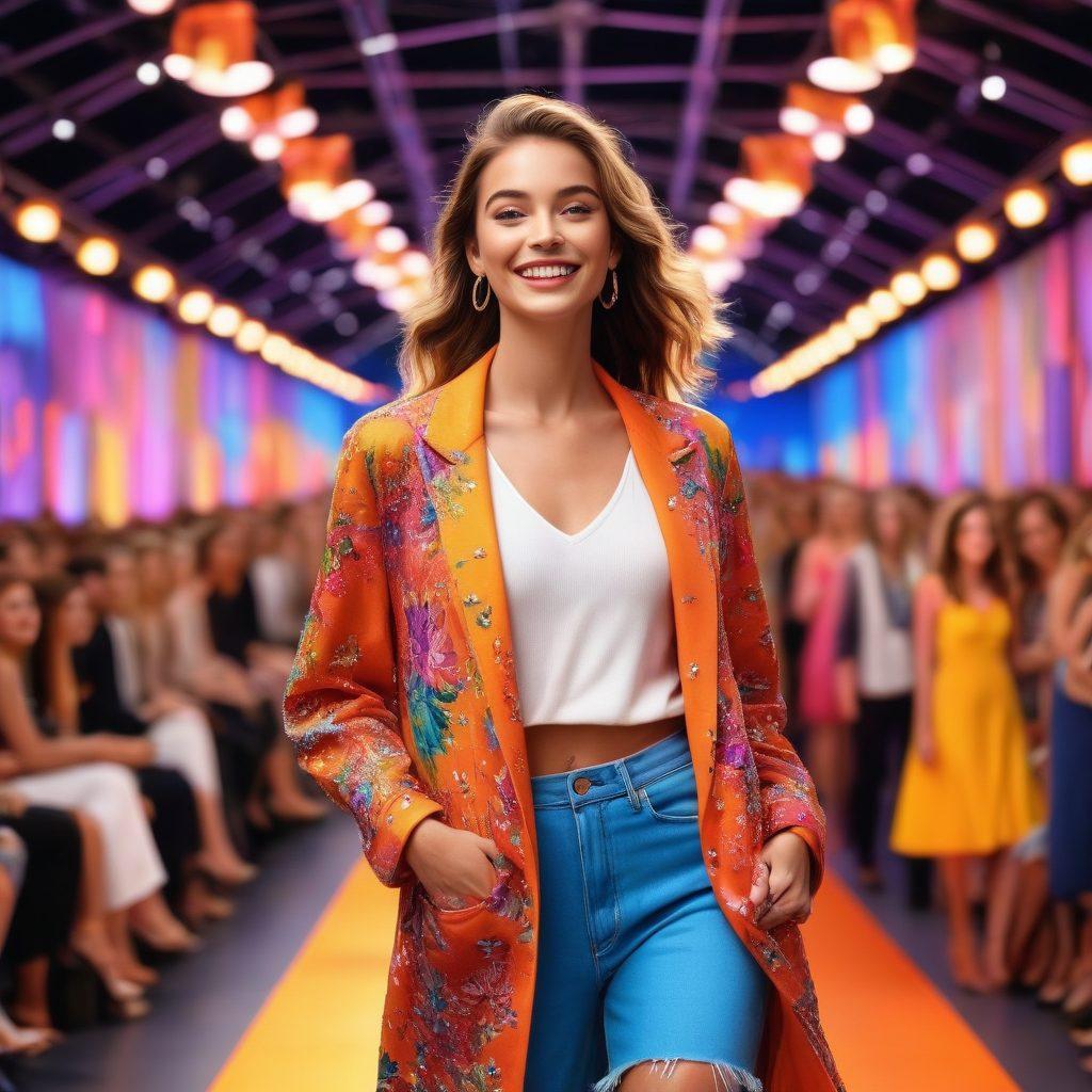 A radiant model, smiling confidently, standing on a vibrant runway adorned with colorful lights and cheerful decorations. The background showcases a bustling, joyful audience, capturing the essence of positivity in the fashion industry. Include elements like fashion sketches and happiness-themed words floating around. bright colors. 3D. super-realistic.
