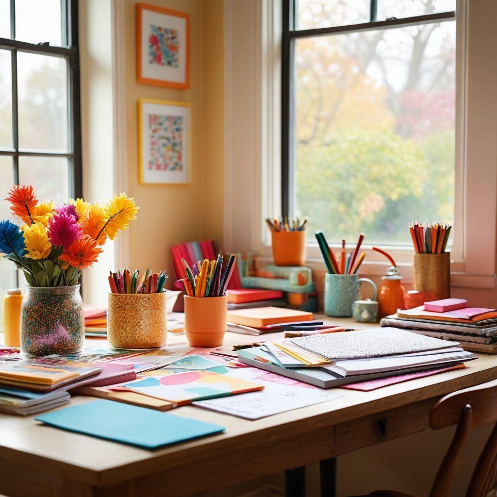 An inviting workspace filled with colorful crafting materials like paper, markers, and glitter. A cheerful portfolio opened on the table, showcasing vibrant designs and inspirational sketches. Sunlight streaming through a window, adding warmth to the scene. A joyful workspace culture with a hint of creativity in the air. soft focus, vibrant colors, cozy atmosphere.